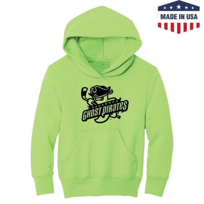 Savannah Merch Shop Savannah Ghost Pirates Youth Neon Green/Black Fleece Pullover Crewneck Sweatshirt