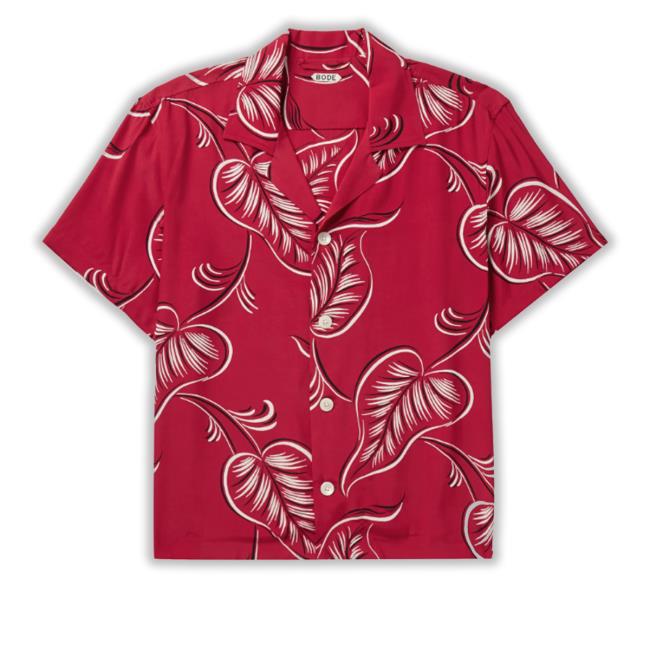 Creeping Begonia Camp-Collar Printed Woven Tee