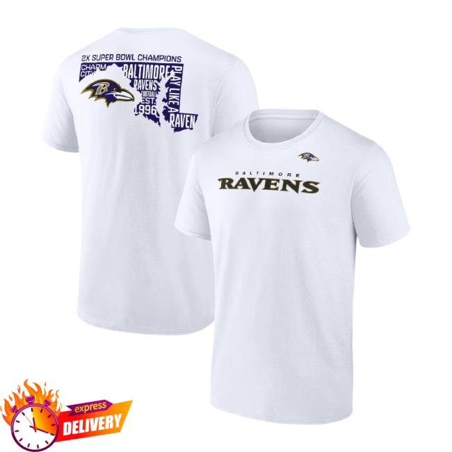Official Men's Fanatics Branded White Baltimore Ravens Hot Shot State Classic Shirt