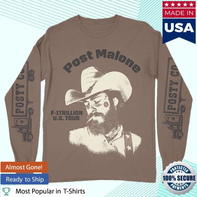 Official Post Malone Merch F1 Trillion Tour Brown Long Sleeve Shirt Official Post Malone Merch F1 Trillion Tour Brown Long Sleeve Hooded Sweatshirt