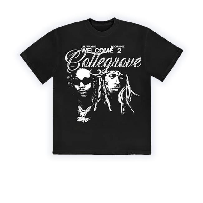 Official Trending Shoplilwayne Store Collegrove Photo T-Shirt On Black Crewneck Sweatshirt