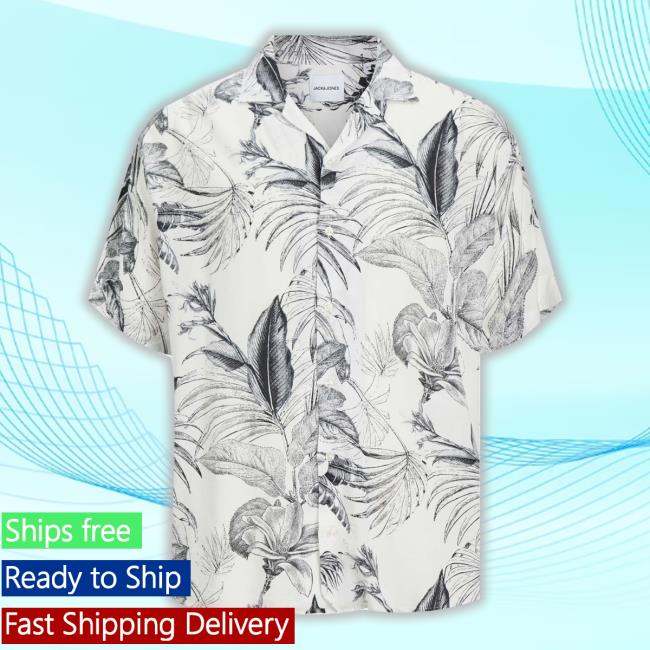 Camicia A Mezze Maniche Bianca Relaxed-Fit In Viscosa A Fantasia Foglie Nere Tee Shirt