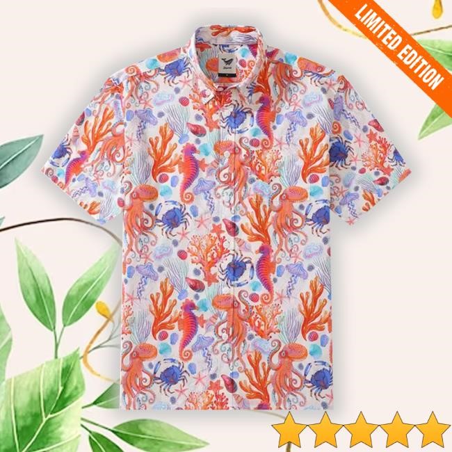Ocean Life Print By Rebecca Elfast Cotton Button-Down Short Sleeve Aloha Tee